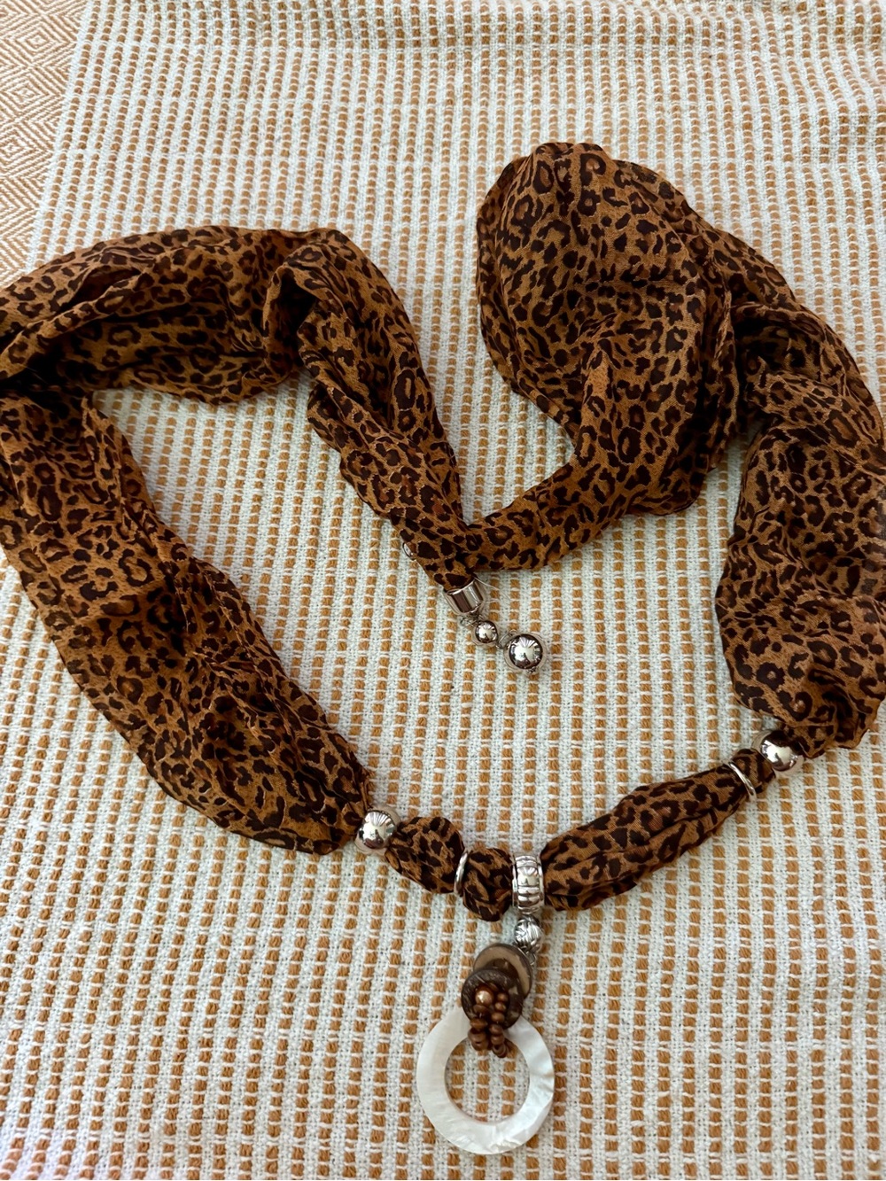 Leopard Print Scarf Necklace with Shell Pendant